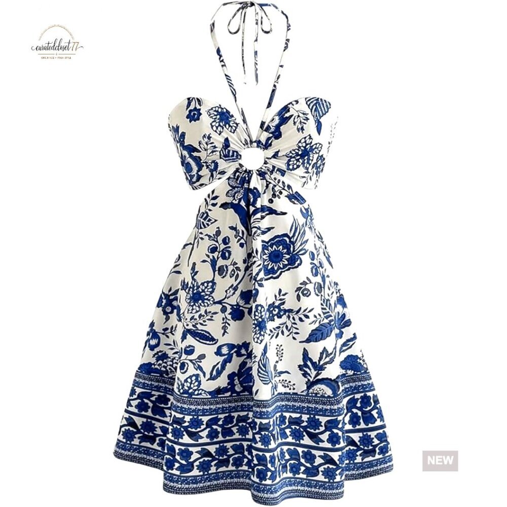 Floral Halter Neck Cut Out Boho Cami Dress Sleeveless Casual